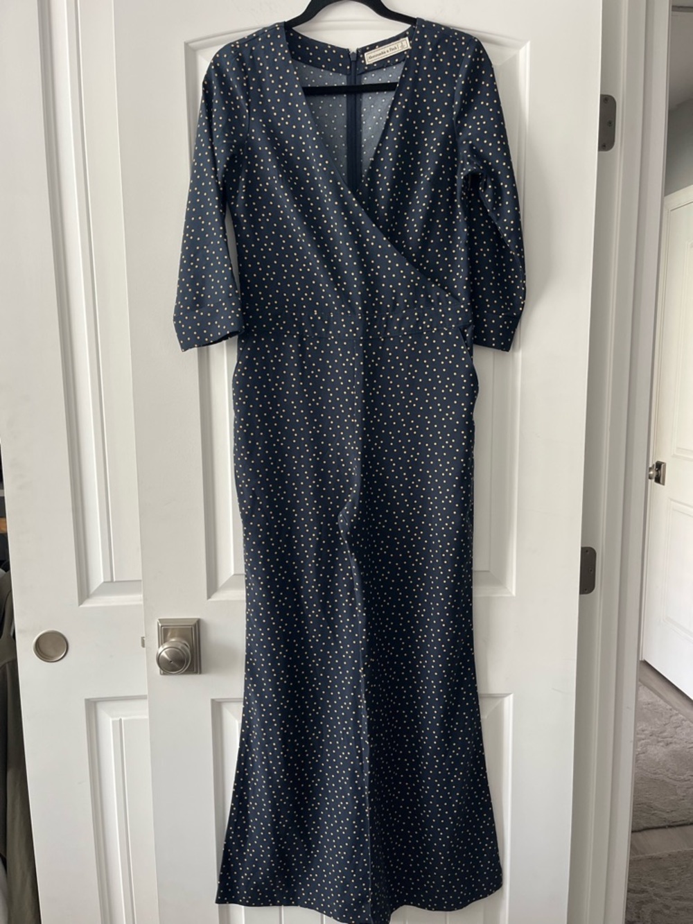 Abercrombie & Fitch Navy and White Polka Dot Wrap Jumpsuit